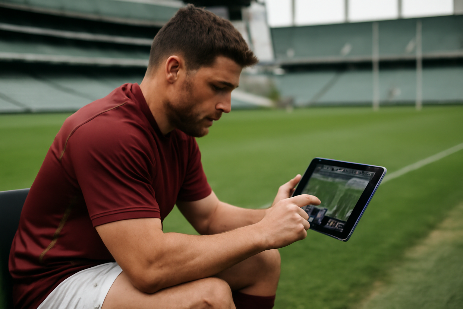 Joueur de rugby analysant un match sur tablette au bord du terrain