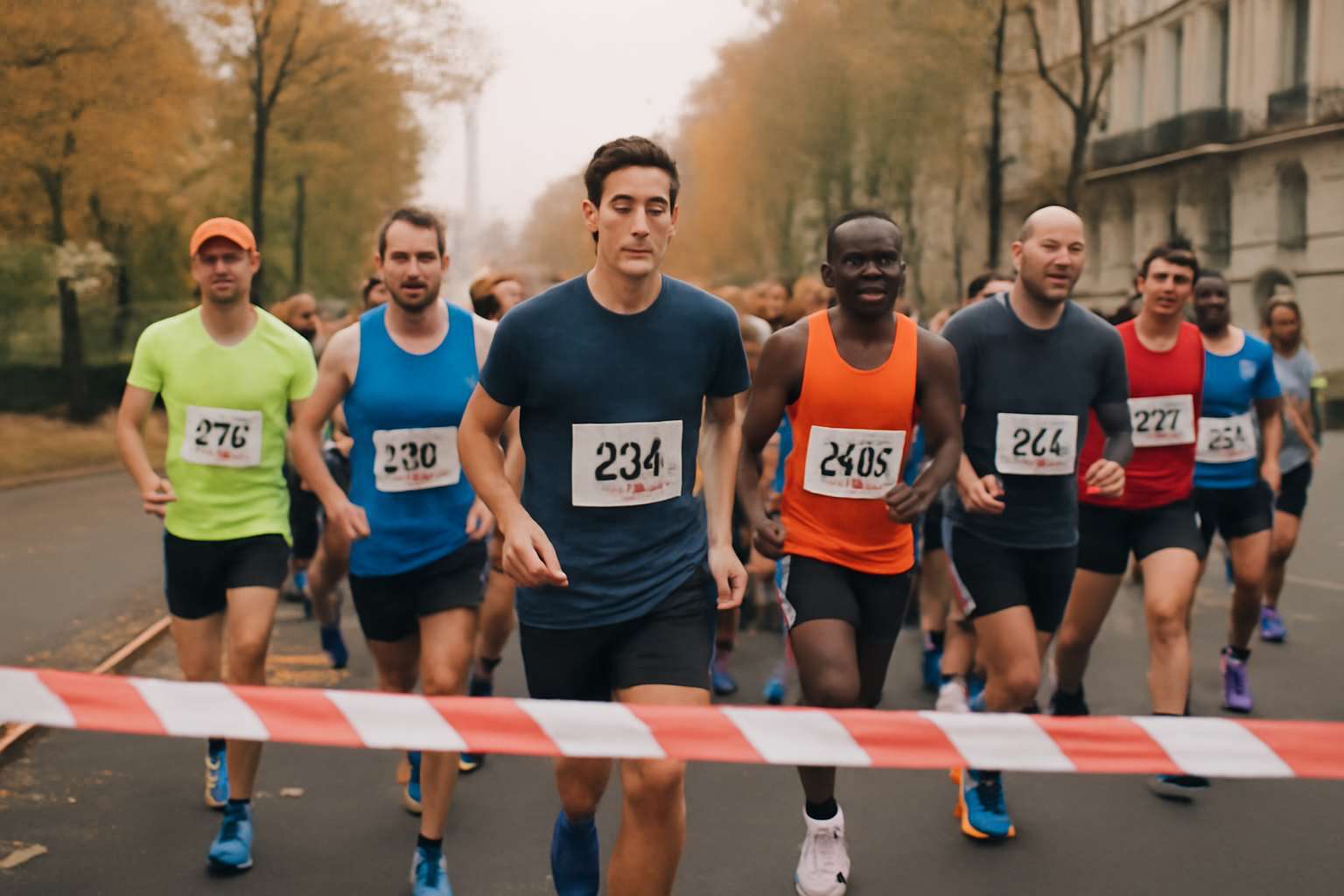 20km de paris resultat : coureurs sur la ligne de départ à Paris, vue réaliste