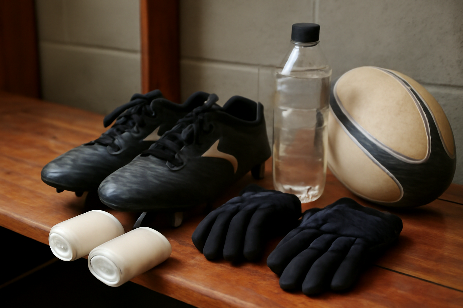 Matériel de rugby : chaussures, bandes de compression et ballon