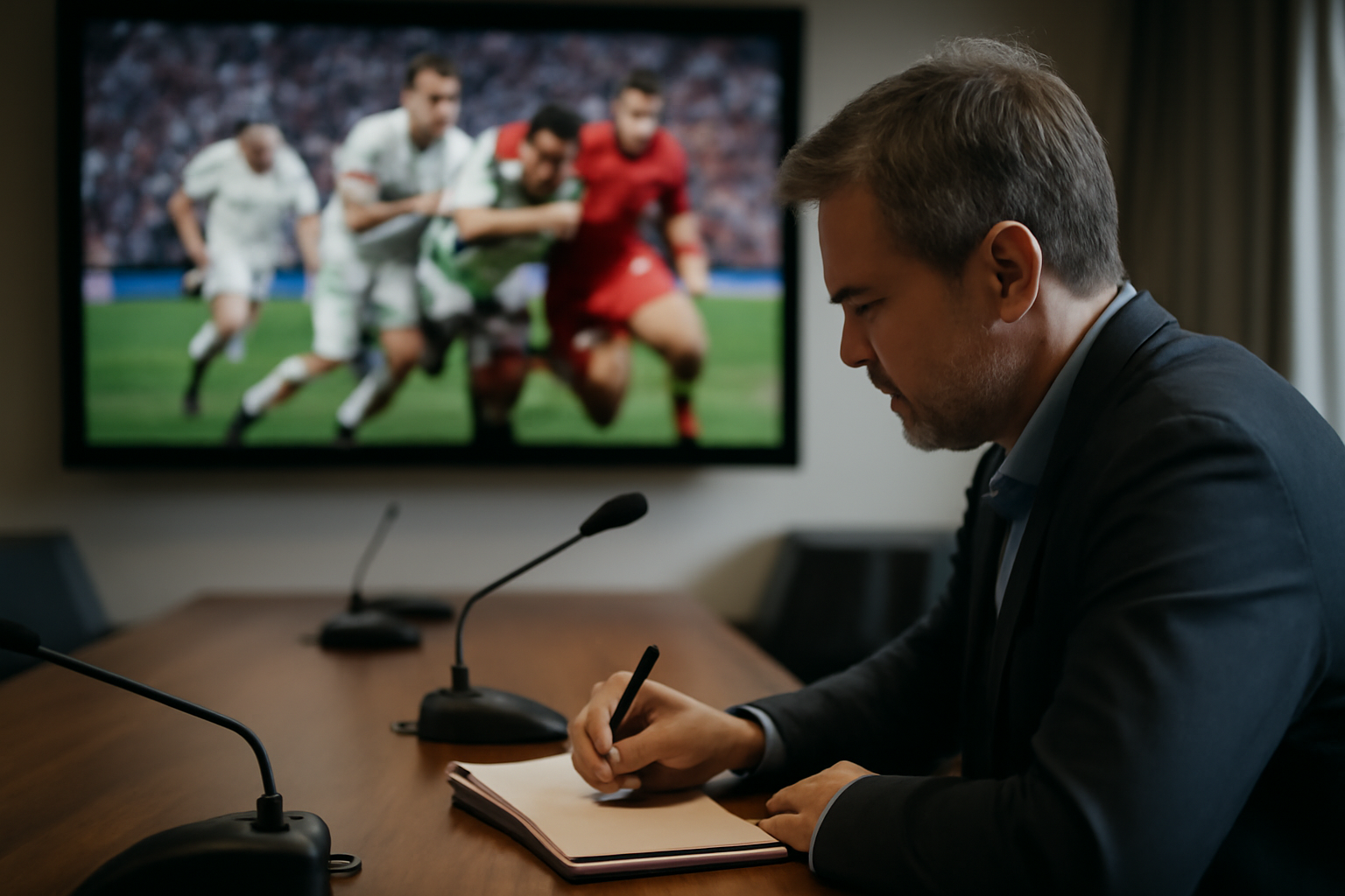 Conférence de presse sportive et analyste prenant des notes