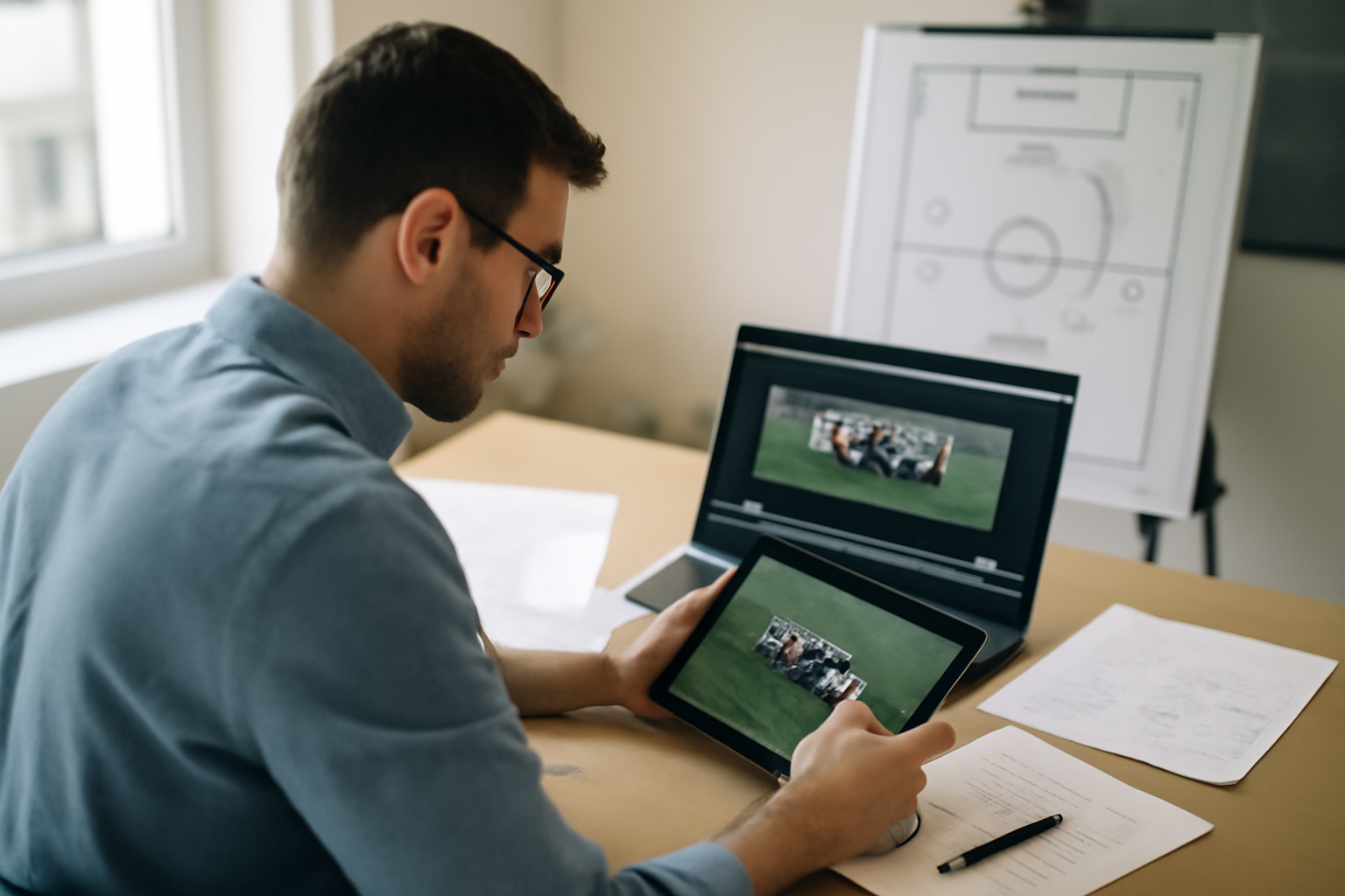Photographie d’un analyste sportif à un bureau avec des feuilles de match et un ordinateur affichant une analyse vidéo de rugby