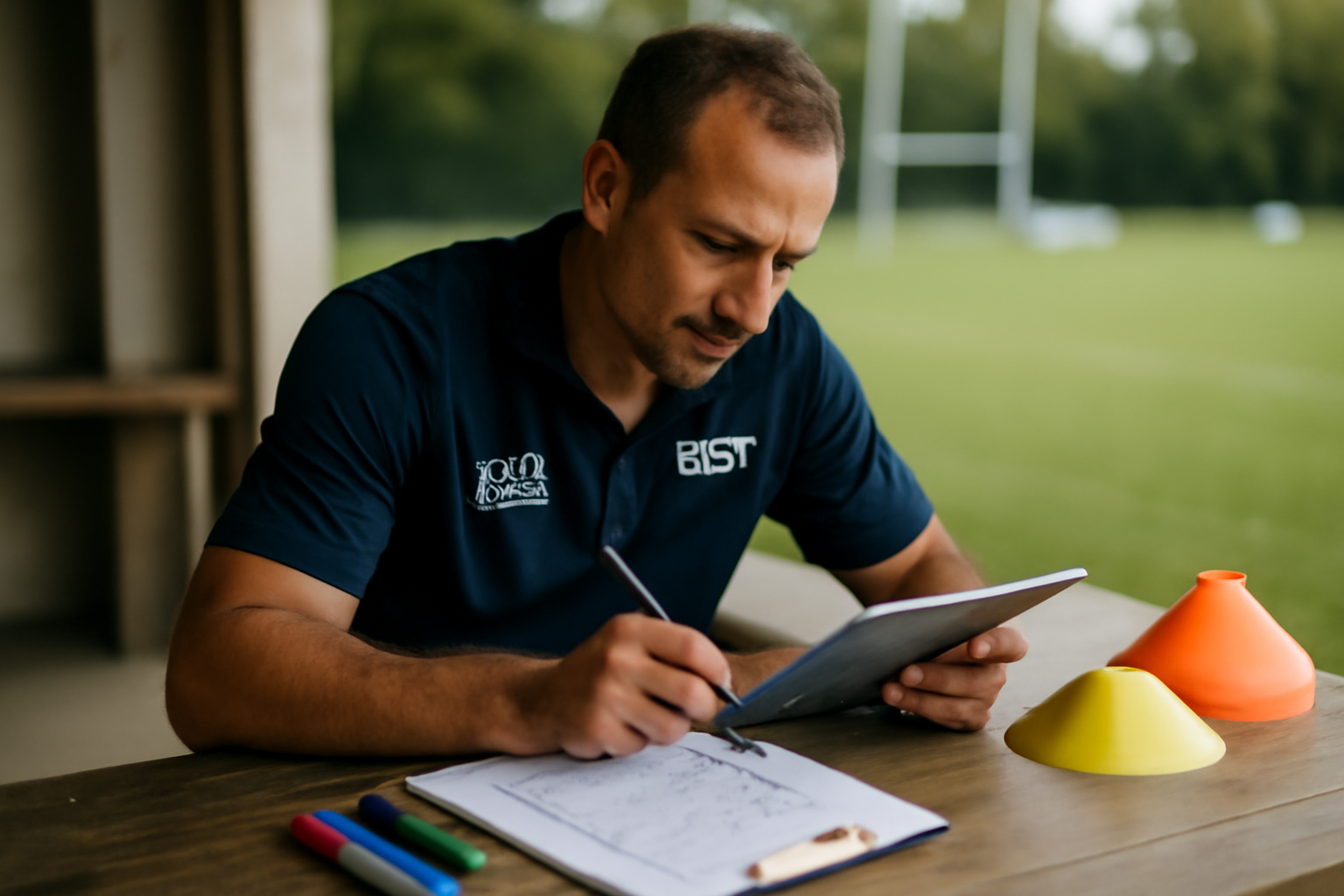 Photographie photoréaliste d’un entraîneur de rugby annotant un plan tactique sur une tablette et une feuille de séance