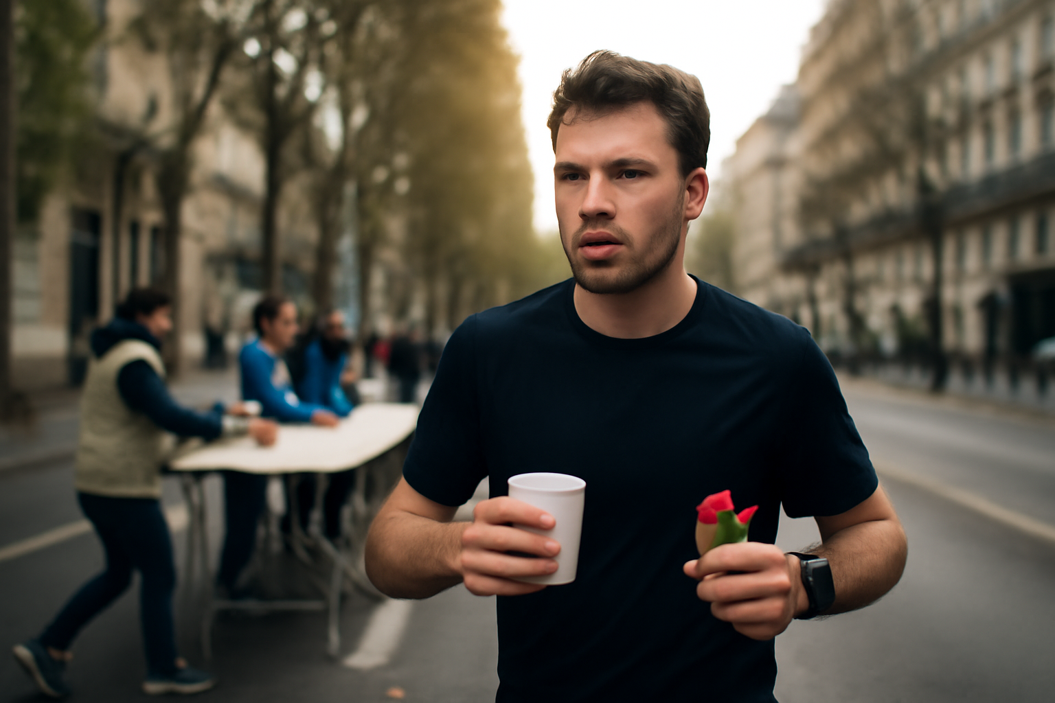 alimentation semi marathon : coureur avec gel et boisson au ravitaillement