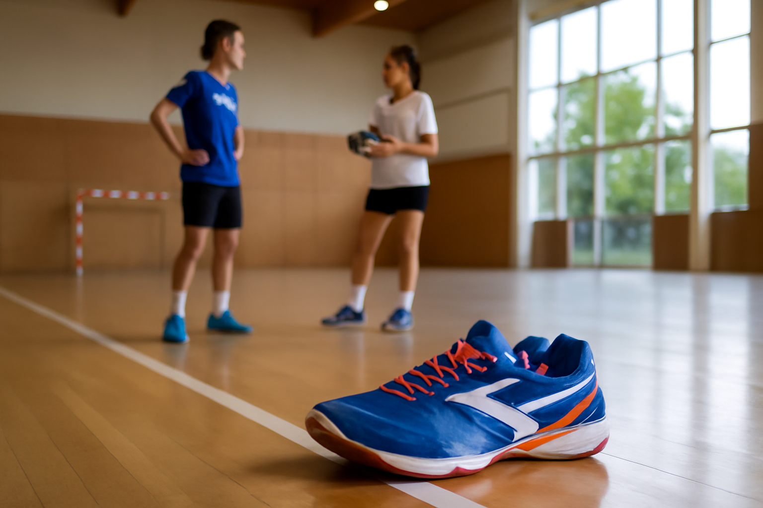 basket de handball : paire moderne sur sol de salle, lumière naturelle