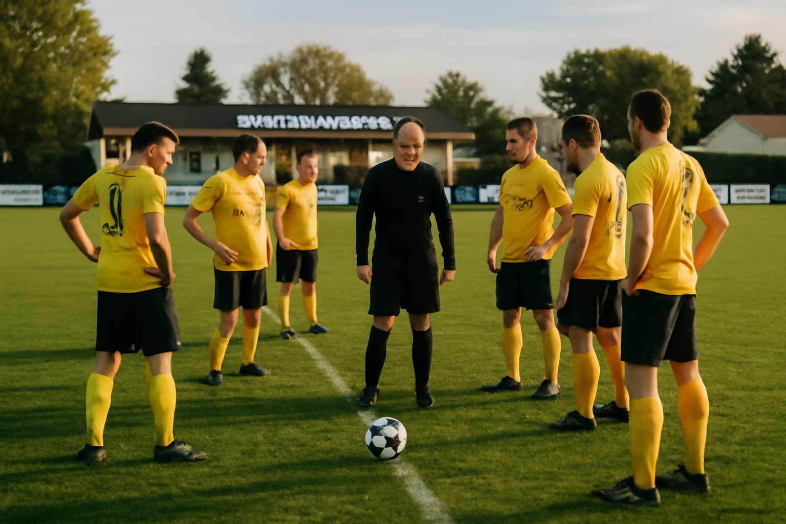 la chataigneraie football : équipe de football en match sur le terrain, vestes et ballons, lumière de fin d’après-midi