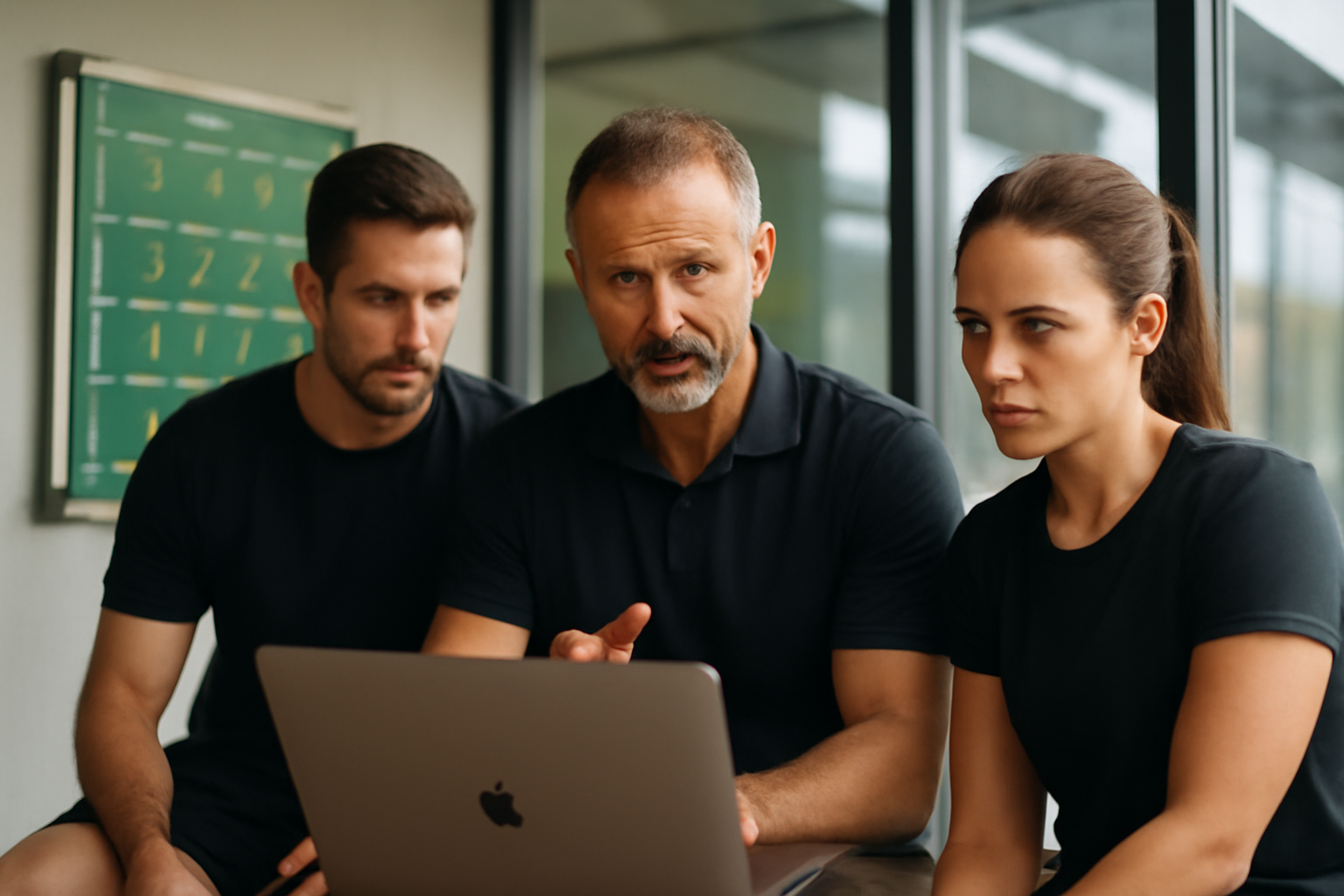 Équipe de rugby et staff en discussion autour d’un ordinateur portable avec un tableau tactique