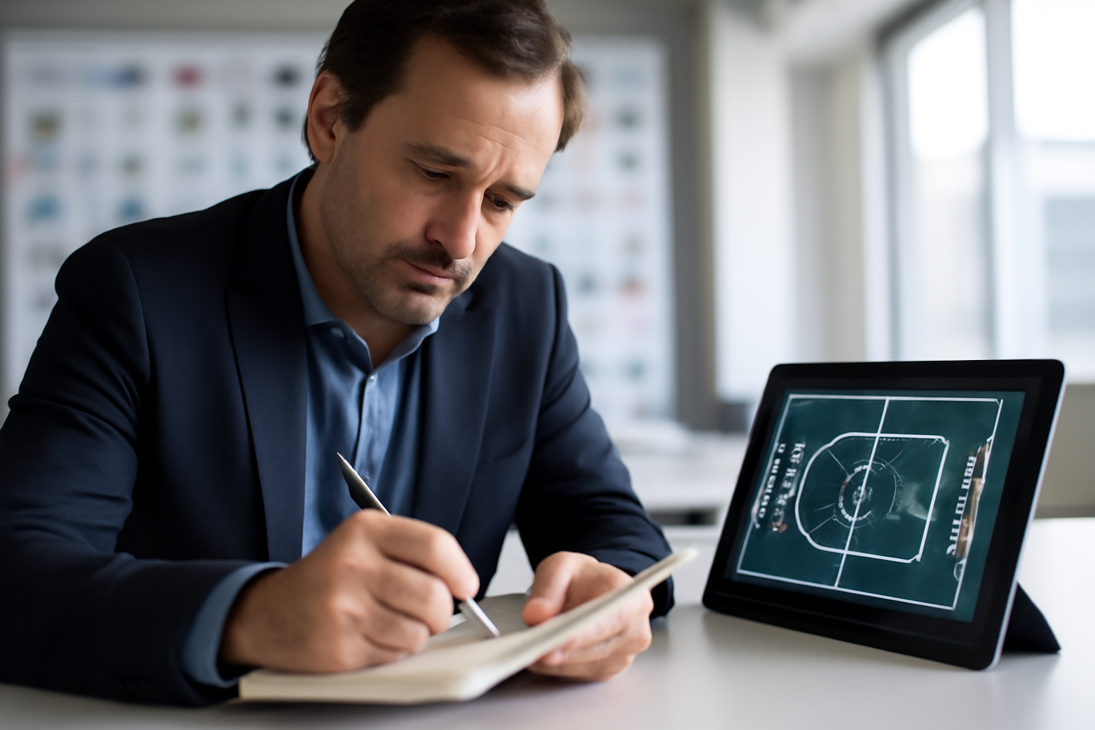 Journaliste prenant des notes lors d’une analyse tactique de rugby sur tablette