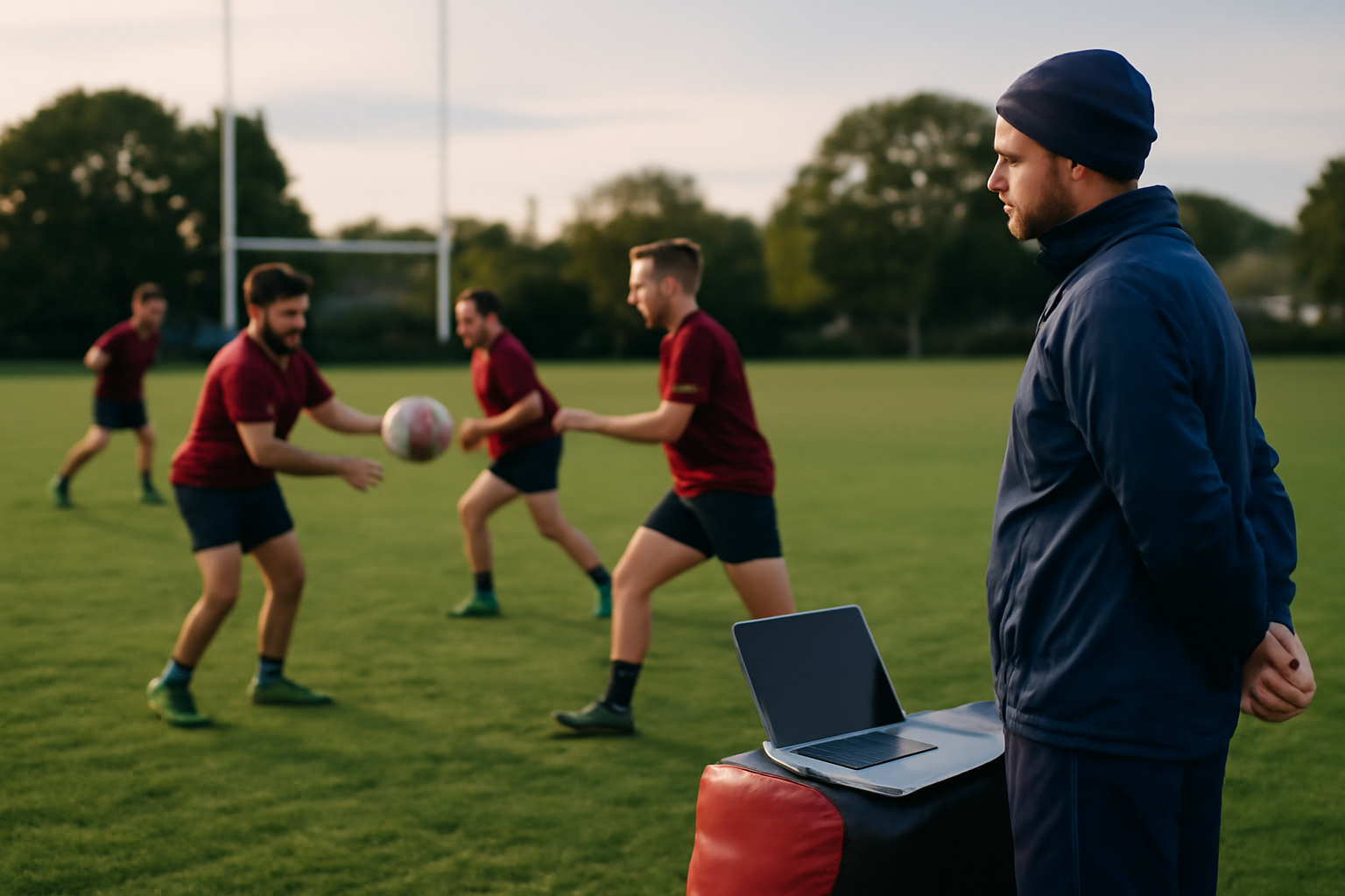 Séance d’entraînement de rugby avec ballon et staff regardant une analyse sur ordinateur