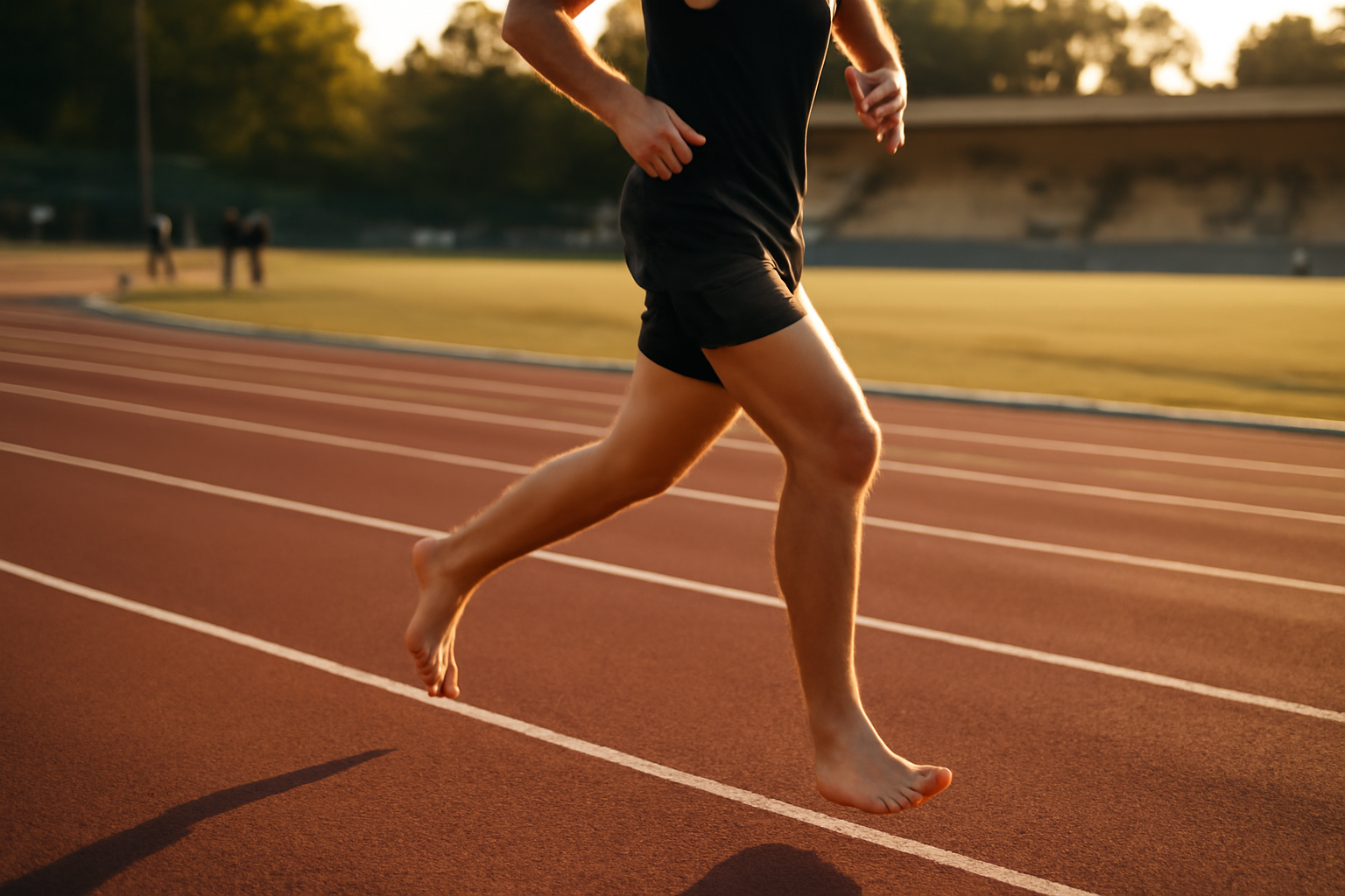 courir nu sur une piste d’athlétisme en fin d’après-midi, coureur pieds nus