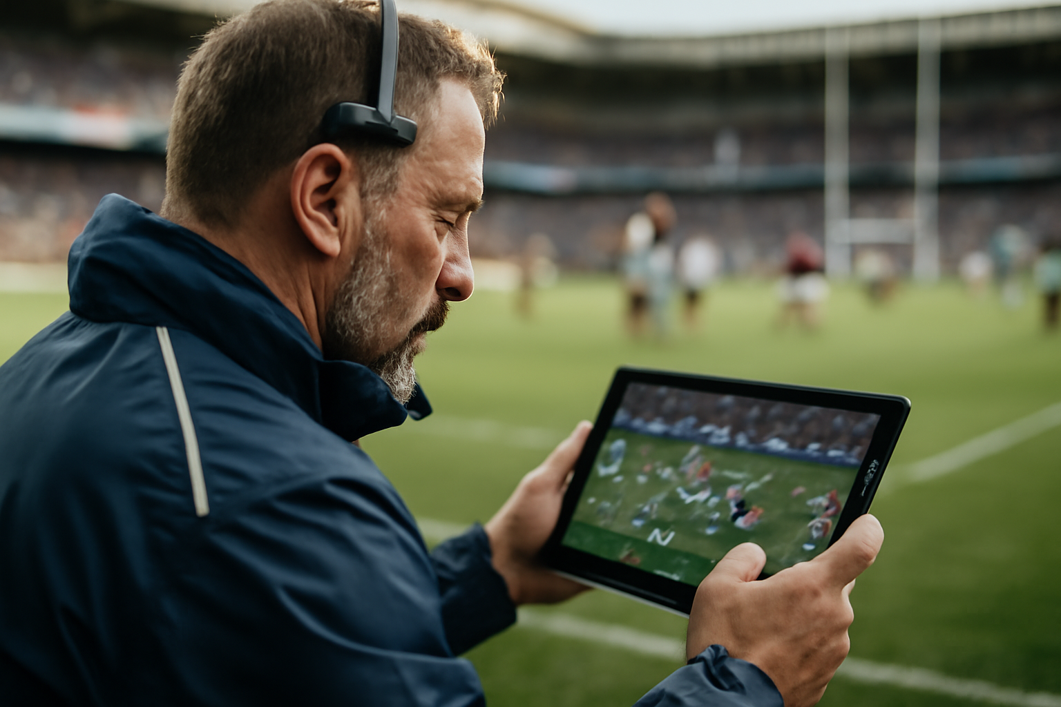 Analyse match de rugby : entraîneur et staff technique regardant une vidéo sur tablette avec schémas tactiques