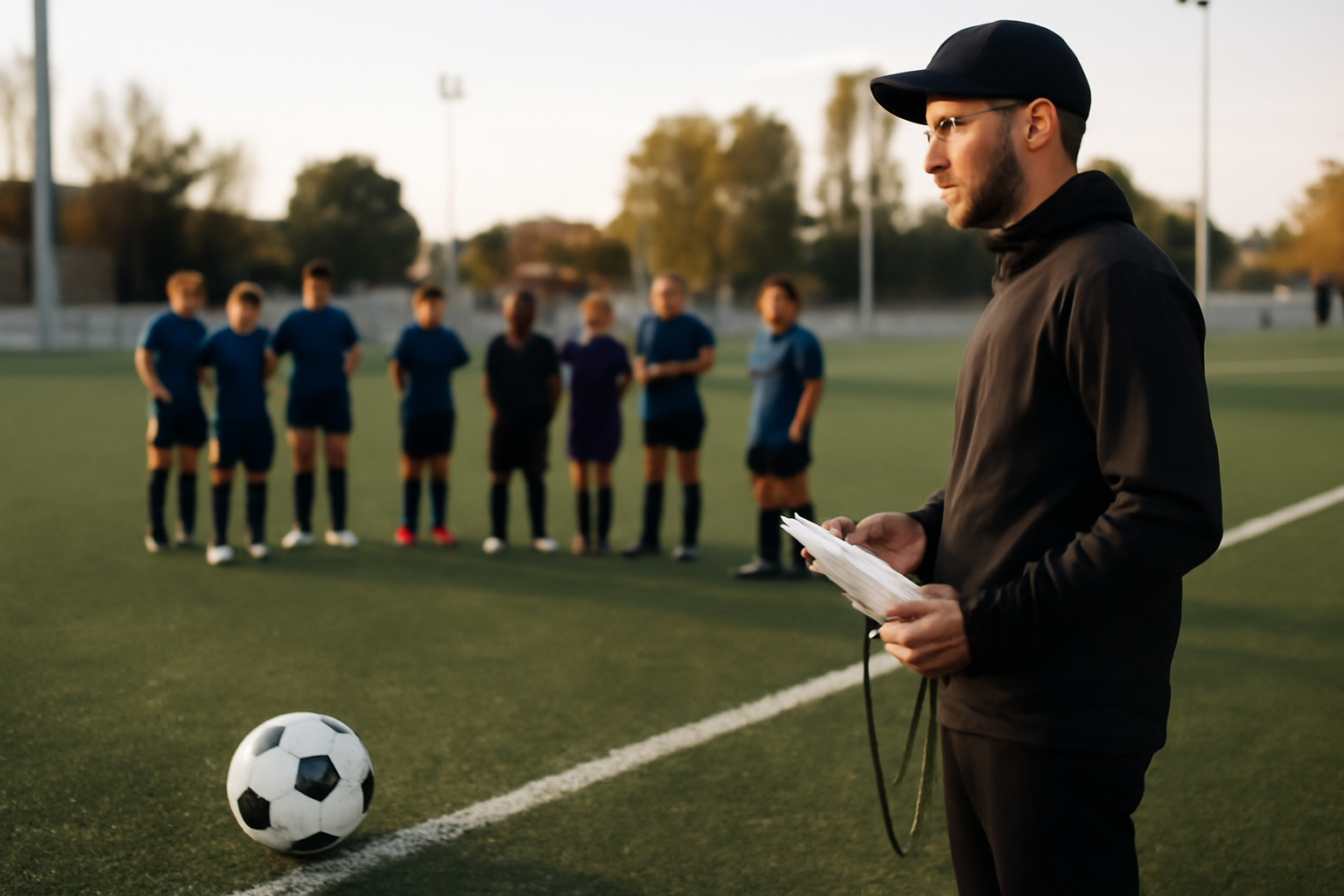detectionfoot près de chez vous : jeune footballeur en test de détection sur un terrain synthétique, ballon au pied, staff au bord du terrain