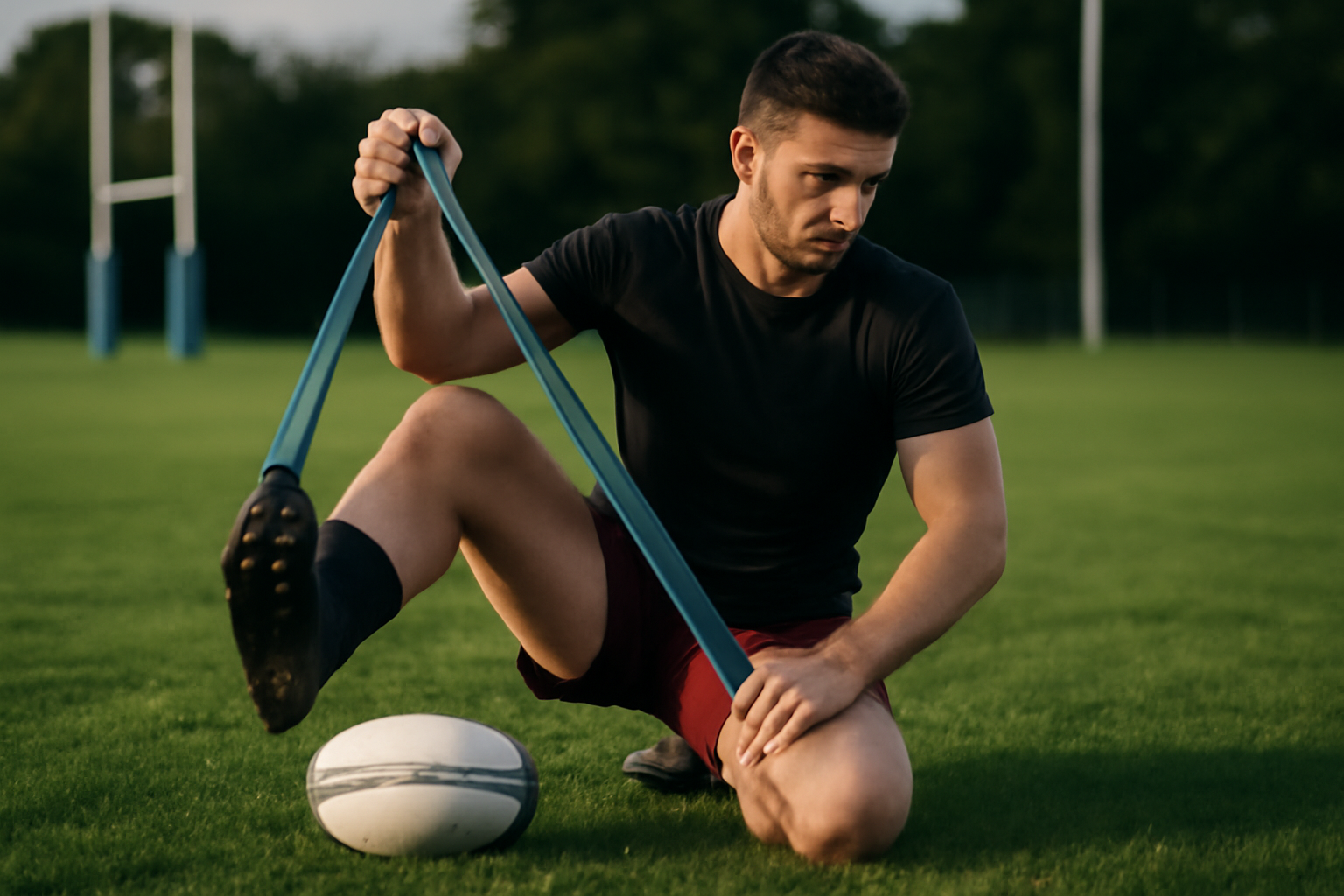 athlète de rugby réalisant une séance de récupération active avec ballon et élastiques sur un terrain
