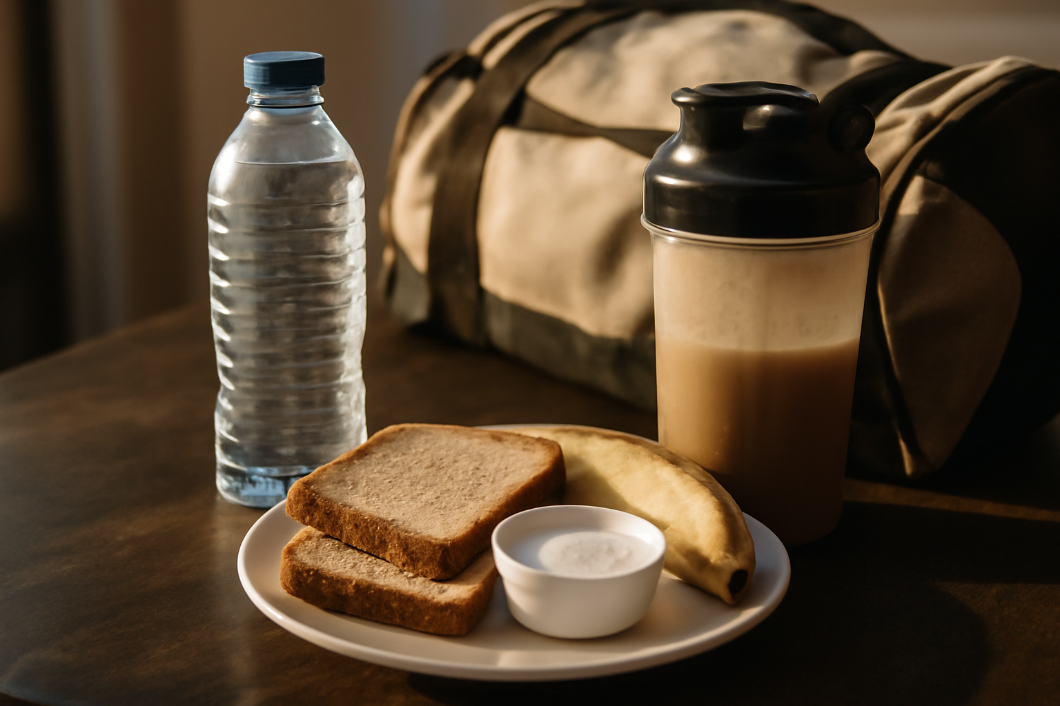 bouteille d’eau, shaker et collations post-entraînement sur une table près d’un sac de sport de rugby