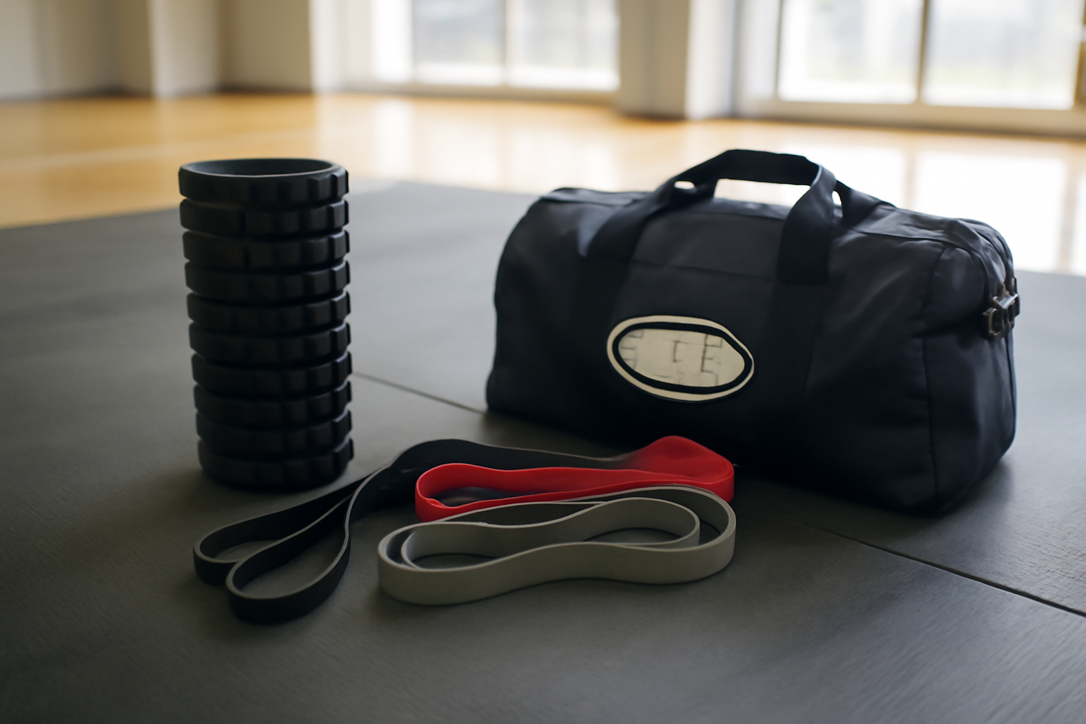 élastiques de musculation, rouleau de massage et matériel de mobilité sur un tapis au gymnase