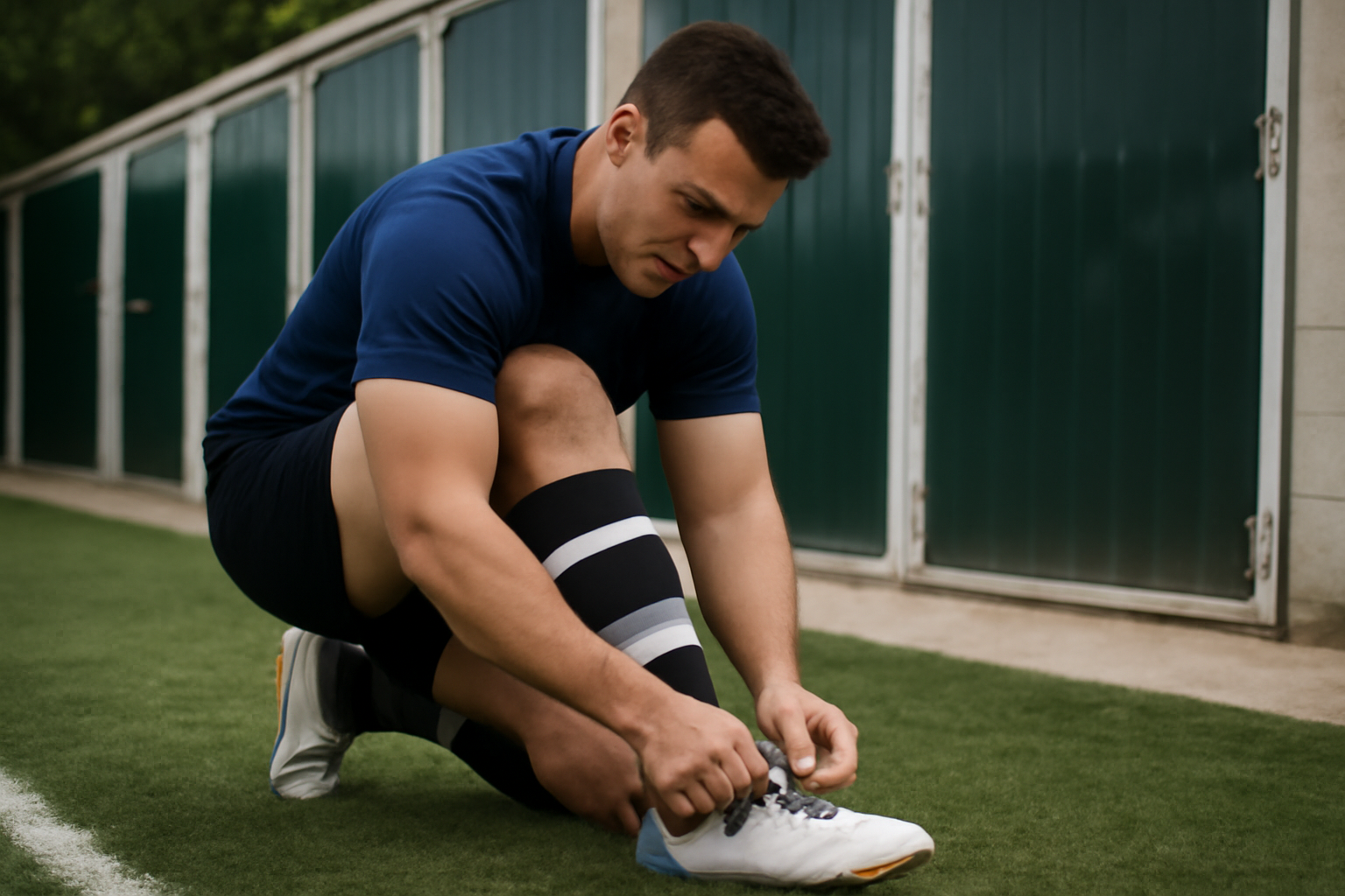 Joueur de rugby ajustant ses crampons et ses protège-tibias avant l’entraînement sur un terrain synthétique