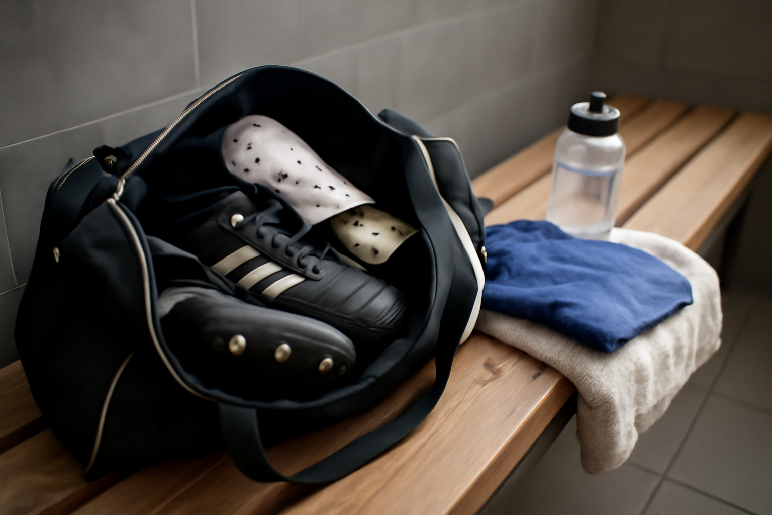 Sac de sport de rugby ouvert avec crampons, protège-tibias, bouteille d’eau et tenue de rechange sur un banc dans un vestiaire