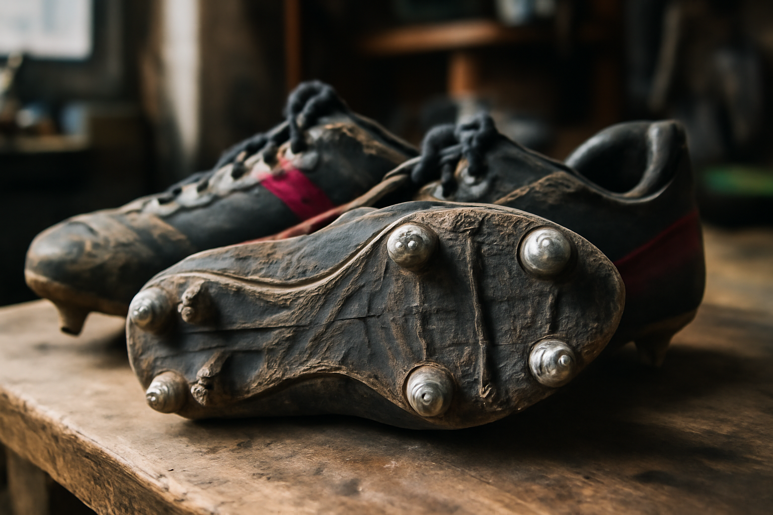 Crampons de rugby usés avec crampons abîmés posés sur un établi avant remplacement
