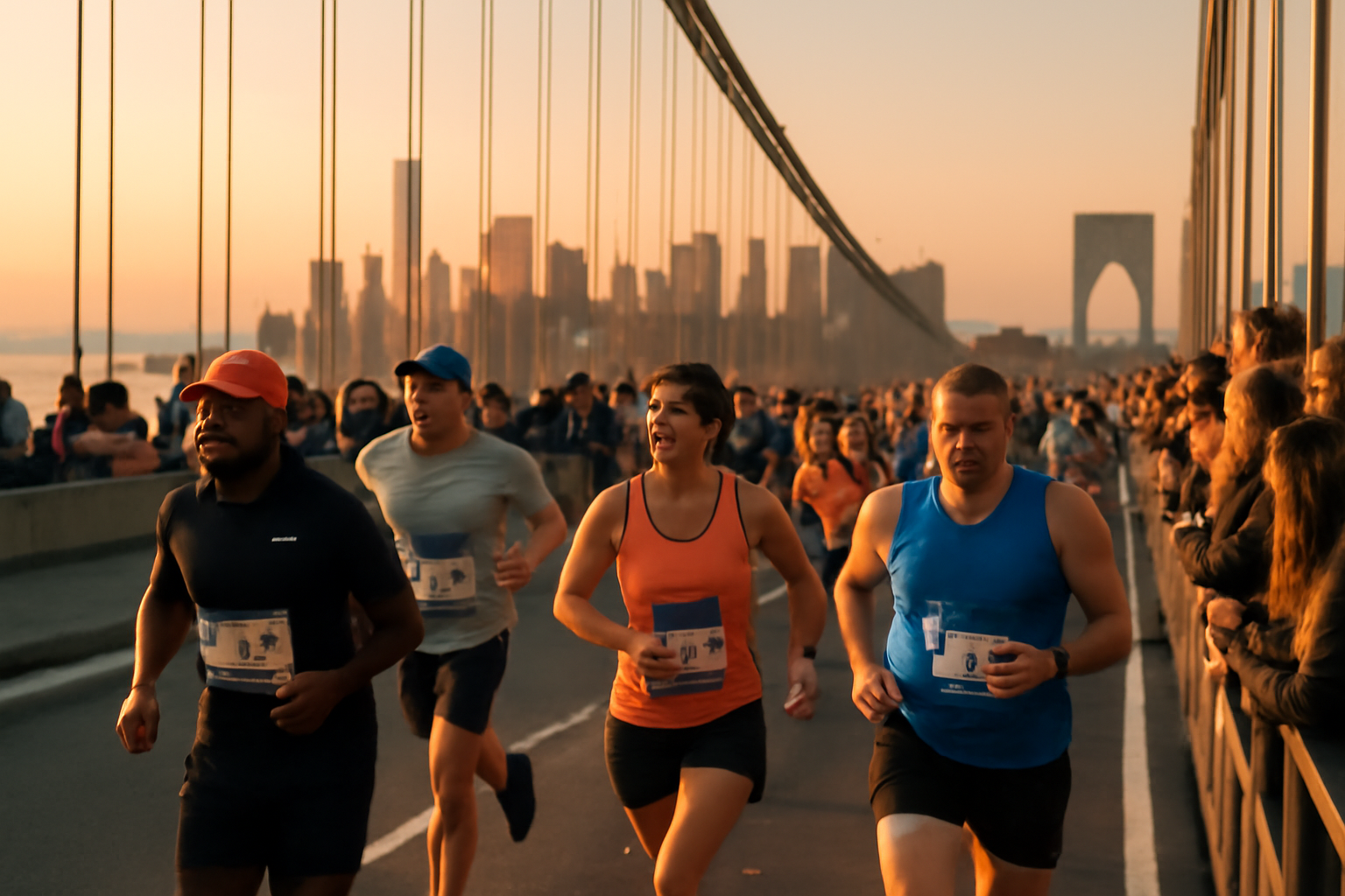 Itinéraire marathon New York sur le pont Verrazzano avec coureurs au lever du soleil