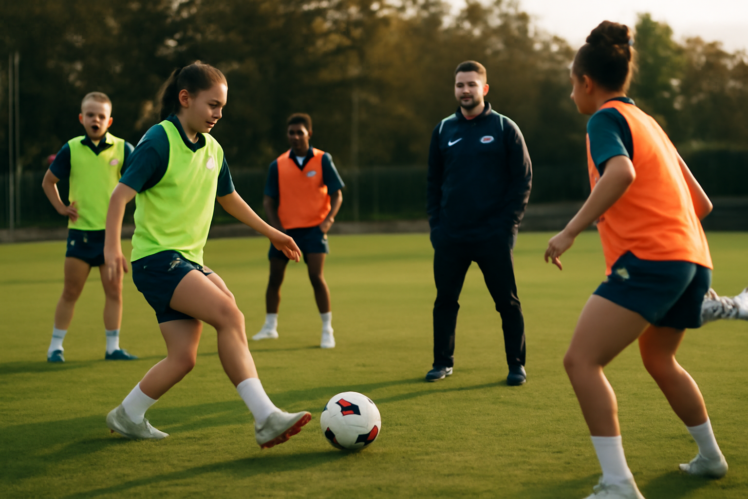 Joueurs de équipe féminine de Nantes à l'entraînement, maillots FC Nantes Féminines sur le terrain