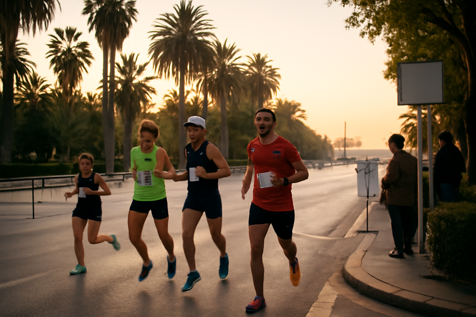 malaga marathon 2026 sur le Paseo del Parque à Malaga, coureurs au lever du soleil