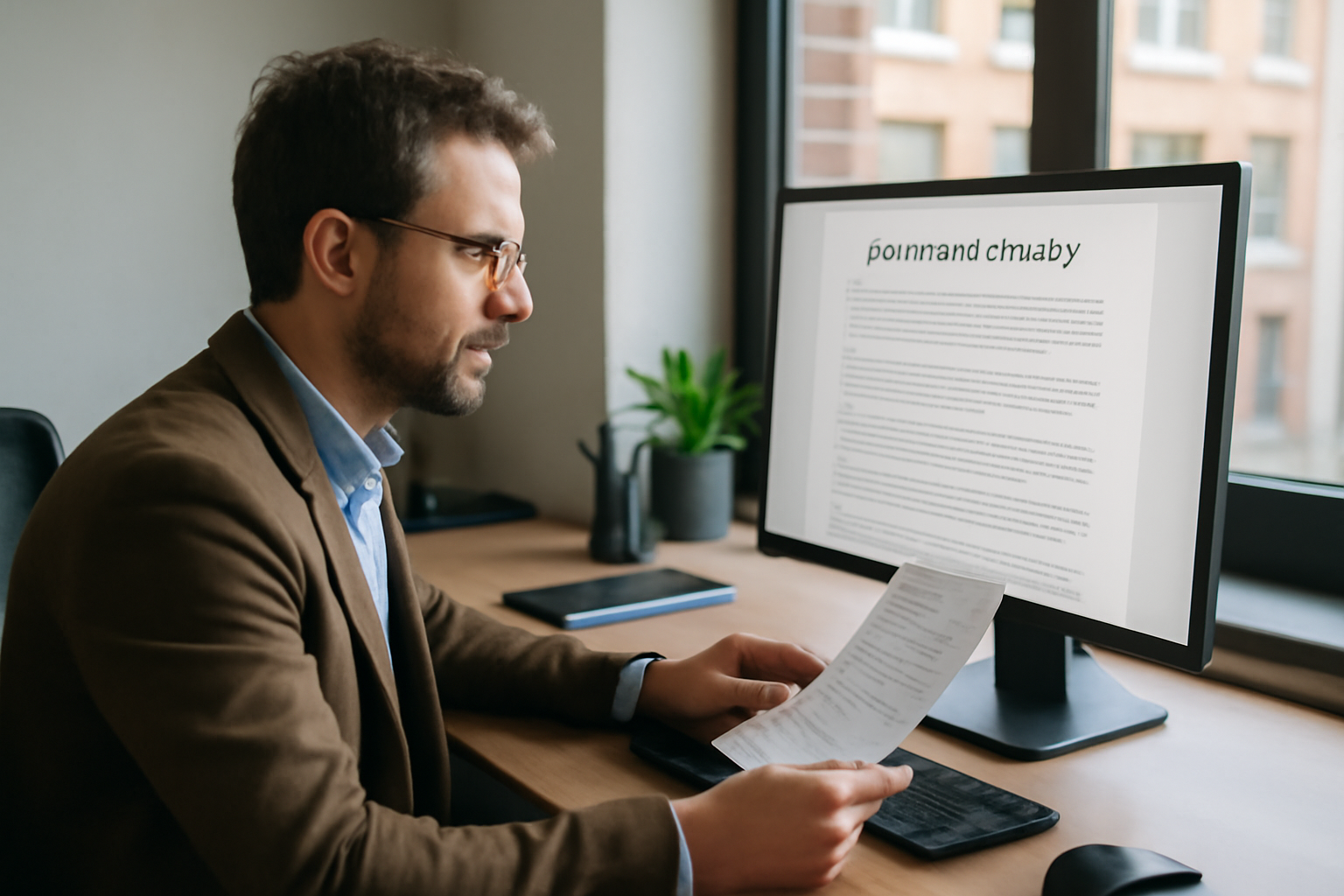 bureau administratif avec un entrepreneur consultant un écran affichant des informations légales sur un site web