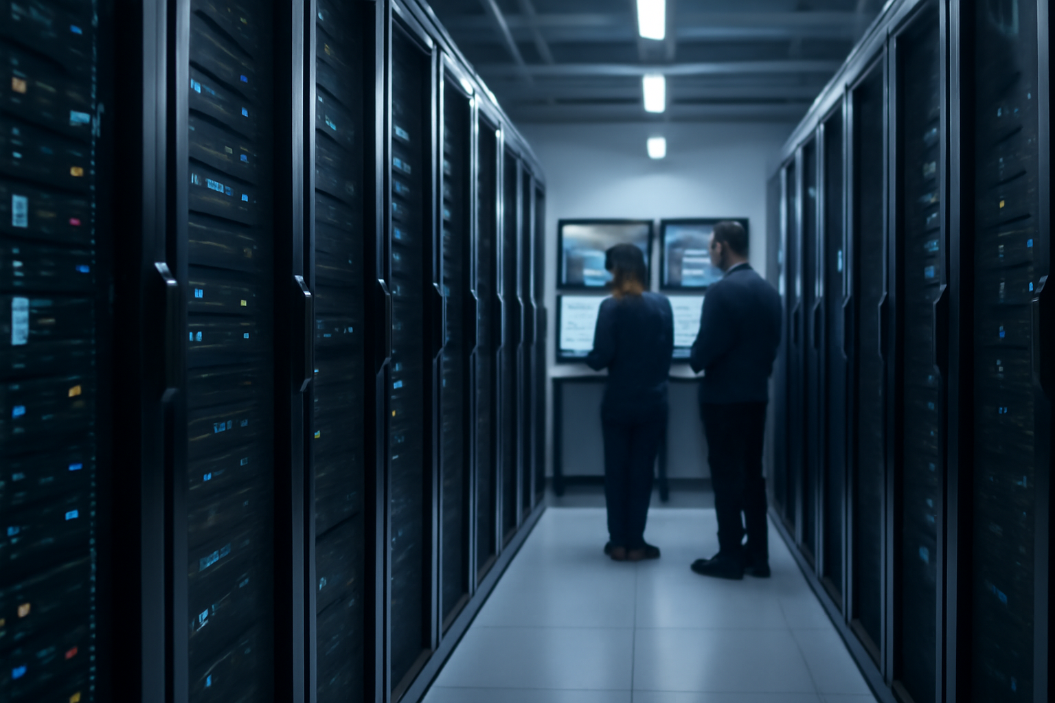 serveur et salle informatique d’un hébergeur avec des techniciens surveillant des écrans