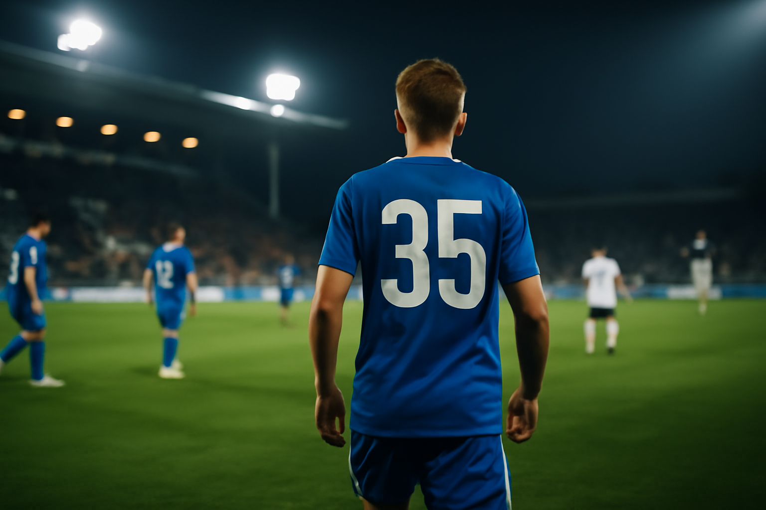 Joueur de football portant le numéro 35 sur son maillot, vue stade sous projecteurs