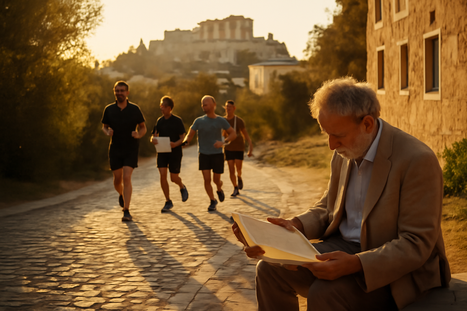 Origine du marathon : Athènes et la légende de Marathon, scène réaliste au coucher du soleil