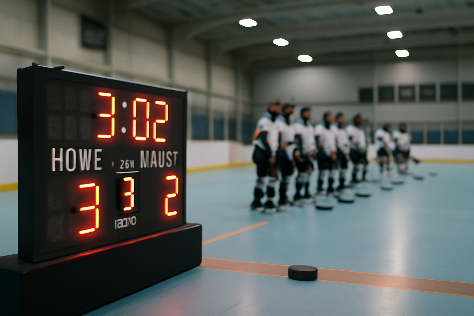 résultat roller hockey sur tableau de score dans une salle de roller hockey, ambiance match, patins et palets, éclairage sportif
