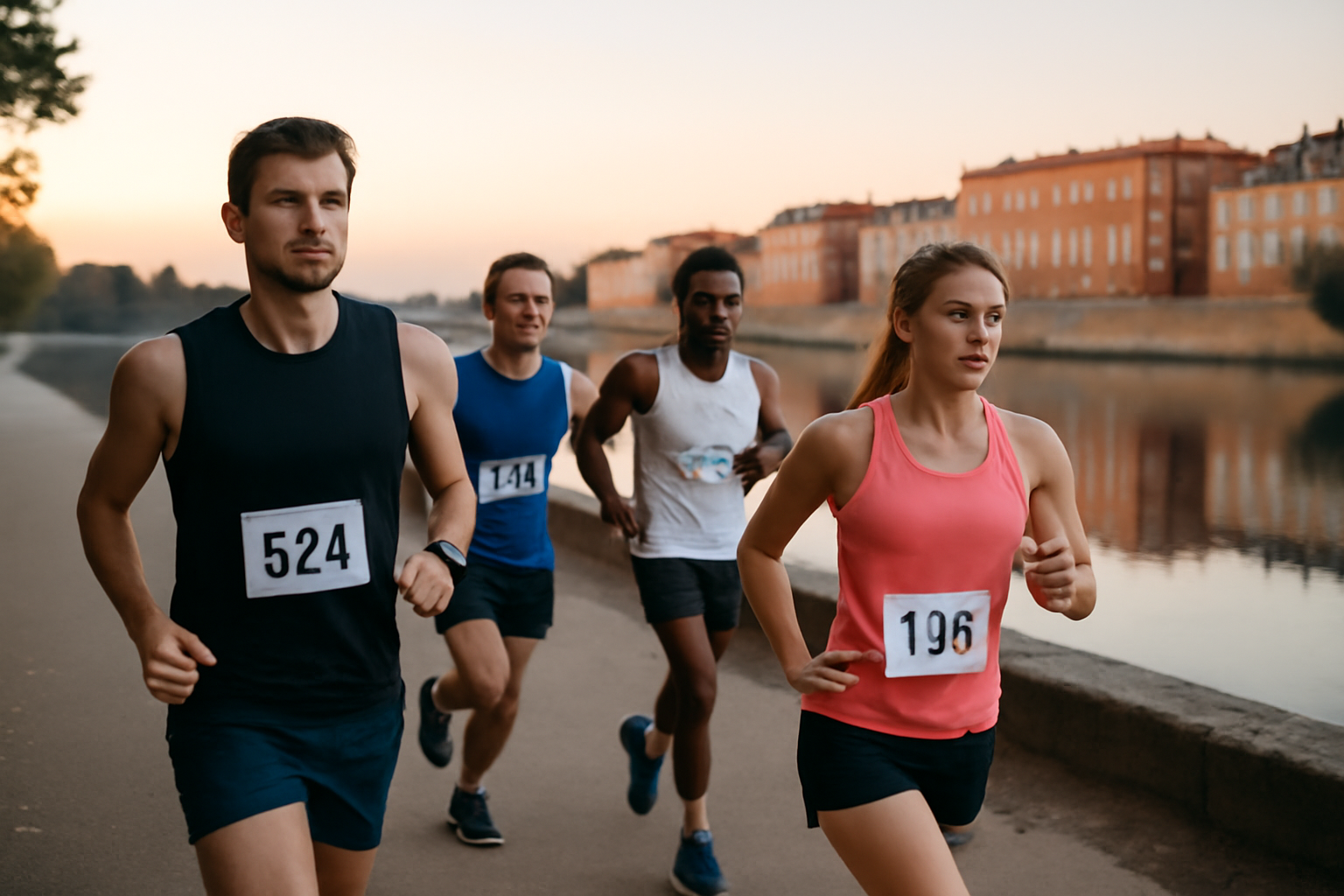 semi marathon de toulouse coureurs sur la Garonne au lever du jour